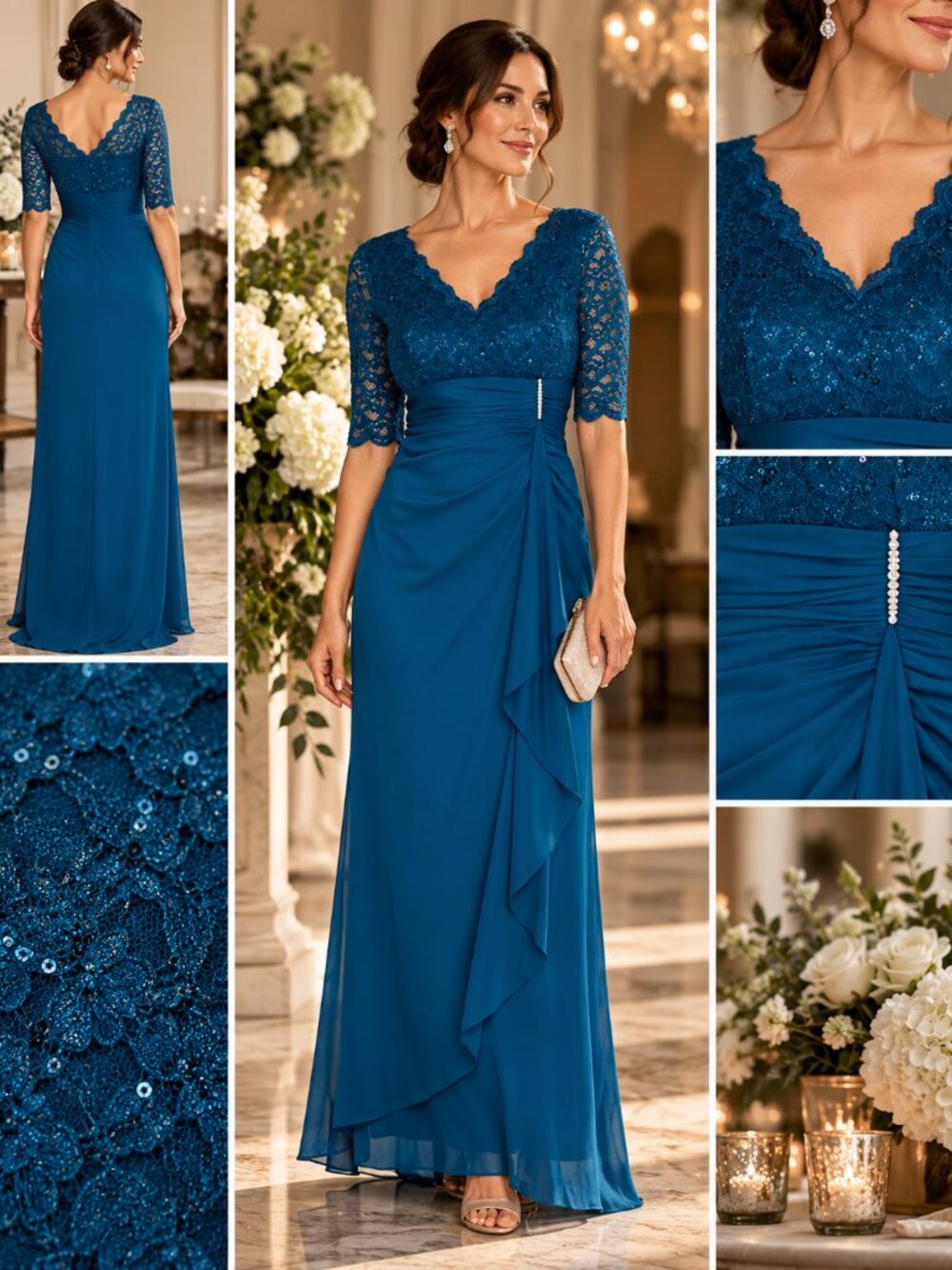 BA by Betsy & Adam Peacock Lace V Neck Draped Formal Gown 4P NWT